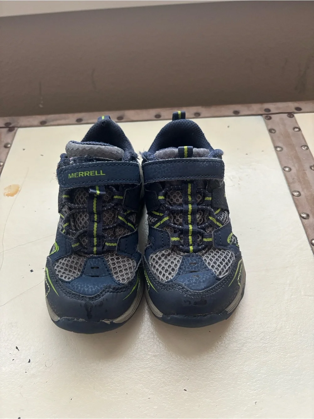 Merrell Kids Navy Blue and Gray Hiking Sneakers with Lime Accents